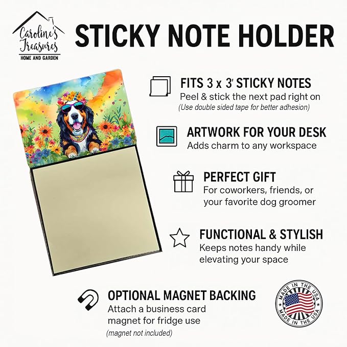 Caroline's Treasures Bernese Mountain Dog Hippie Dawg Sticky Note Holder Refillable Dispenser Self-Sticky Note Pads, Memo Pads Blank Desk Accessories