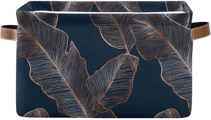 Large Foldable Storage Bin Gold Palm Leaves Navy Blue Fabric Storage Baskets Collapsible Decorative Baskets Organizing Basket Bin with PU Handles for Shelves Home Closet Bedroom Living Room-1Pack