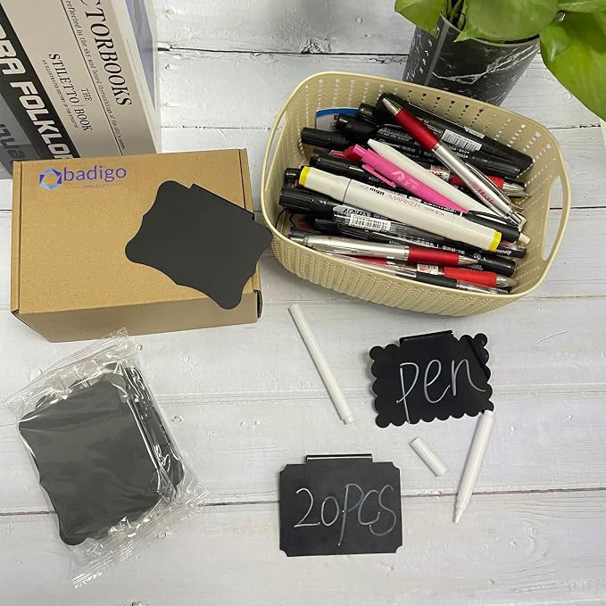 20 Reusable Basket Labels with Clip-On Design, Perfect for Kitchen and Closet Organization, Includes 2 White Chalk Markers