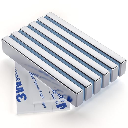 FINDMAG Strong Bar Magnets with Adhesive Backing, 6 Pack, 60x10x5mm | Heavy duty adhesive magnets with a thick bar profile; for cabinet doors, shower door repairs, toolboxes and workshop fixtures
