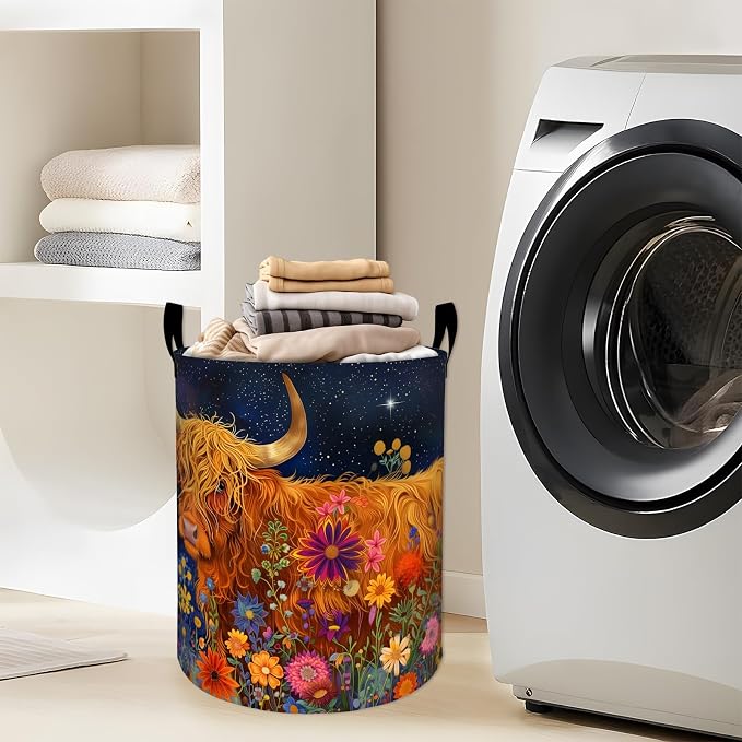 Starry Sky Highland Cow in Colorful Wildflowers Laundry Basket with Handles, 19.7"x15.7" Clothes Foldable Laundry Hamper Organizer for Dorm Nursery Bedroom Bathroom Decor, Toy Storage Bin for Kids