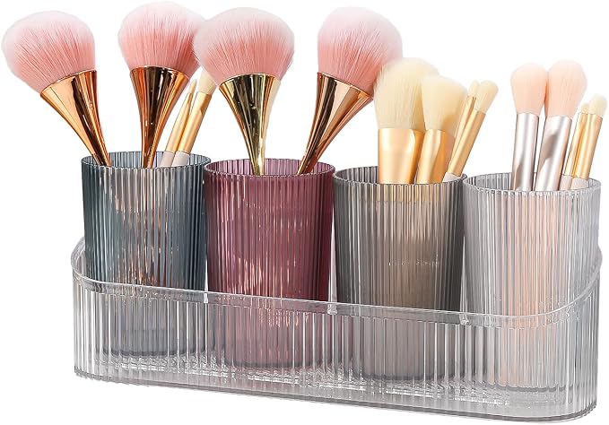 DASITON Makeup Brush Holder Organizer with 4 Cup, Vintage Striped Make Up Brush Holder for Vanity, Bathroom Toothbrush Holders, Acrylic Cosmetic Brushes Storage Organizer Pen Holder (Clear+Multicolor)
