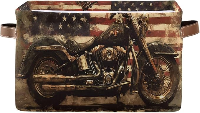 Kigai Motorcycle Flag Storage Basket with Handles Waterproof Collapsible Storage Bin Canvas Fabric Basket Decorative Box Closet Organizer for Nursery Bedroom Office
