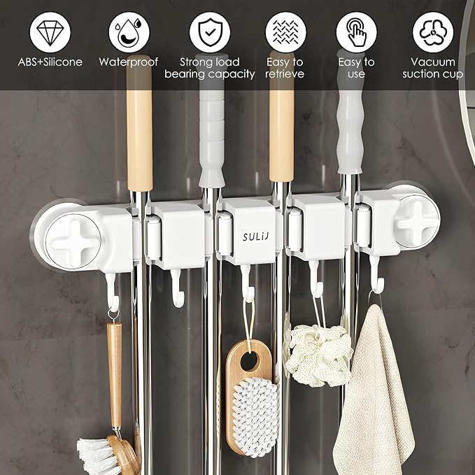 Broom Holder Wall Mount Sturdy Mop and Broom Organizer with 4 Racks and 5 Hooks Vacuum Suction Cup Broom Mop Holder for Home, kitchen, Garden, Tools, Garage