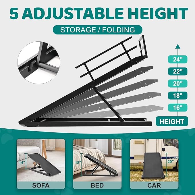 Dog Ramp for Bed & Couch, Foldable Wooden Pet Ramp, 5 Adjustable Heights | Height up to 23.5", Portable Dog Ramp with Non-Slip Rubber Surface & Safety Railings, Pet Ramp for Small, Large, Senior Dogs