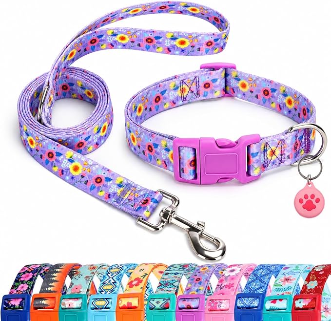 Floral Matching Dog Collar and Leash Set with AirTag Holder-Purple Daisy/S | Anti-Lost,Adjustable Durable Pet Collar Leash Combo for Small Boy Girl Dogs,for Outdoor Walking Hiking Training Running
