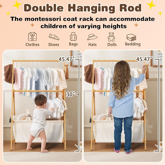 Baveke Montessori Bamboo Clothing Rack for Toddlers - Foldable Kids Wardrobe Organizer with Storage Basket, Nursery Clothes Storage Rack for Small Spaces, Sustainable & Easy Assembly