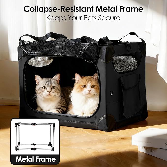 Extra Large 2-Cat Foldable Pet Travel Carrier,24"x17"x17",Black | Removable Divider, Metal Frame Support, Breathable Mesh Panels, With Storage Tote & Padded Straps