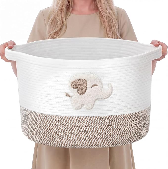 LemonRoad Extra Large Basket 20"x14", Woven Basket for Laundry Blanket Toy Box with Handle Storage, Blanket Storage for Living Room Nursery Pillows Chest(Cotton Rope,Elephant,Brown)