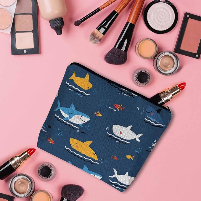 Shark Cosmetic Bags For Women, Cute Ocean Sea Wildlife Sharks Blue Roomy Makeup Bag Toiletry Bag Accessories Organizer Storage Bags Makeup Pouch For Travel Business Gym Camping Bathroom