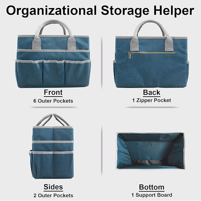 Cupohus Craft Organizer Tote Bag, Dark Green Sewing Bag for Art | Supply Storage Bags with Pockets and Handles, Oxford Fabric Carrying Caddy for Teacher, Officer, Artist, Traveler, and More