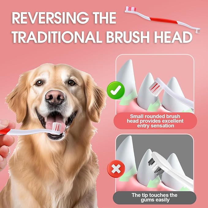 Dog Toothbrush – Newly Upgraded Dual-Head Design with 60° Wavy Bristles – Gently Surrounds Teeth for Deep Cleaning and Plaque Removal – Non-Slip Handle, Ideal for Daily Pet Dental Care (Red, 2-Pack)