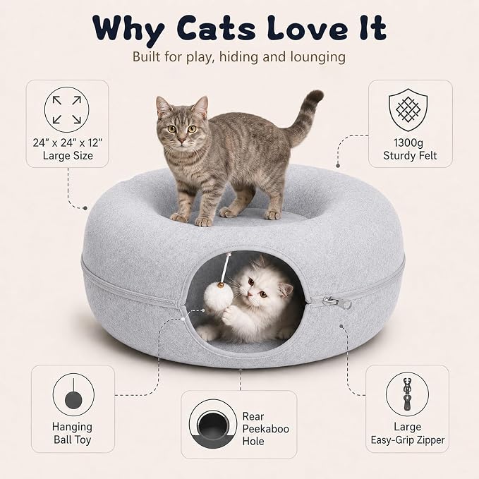 Felt Cat Tunnel for Large Indoor Cats, 24" x 24" x 12" Peekaboo Cave Bed | Light Grey 24" x 24" x 12" sturdy 1300g felt cave with 7" entrance, rear peek hole, large zipper and hanging ball.