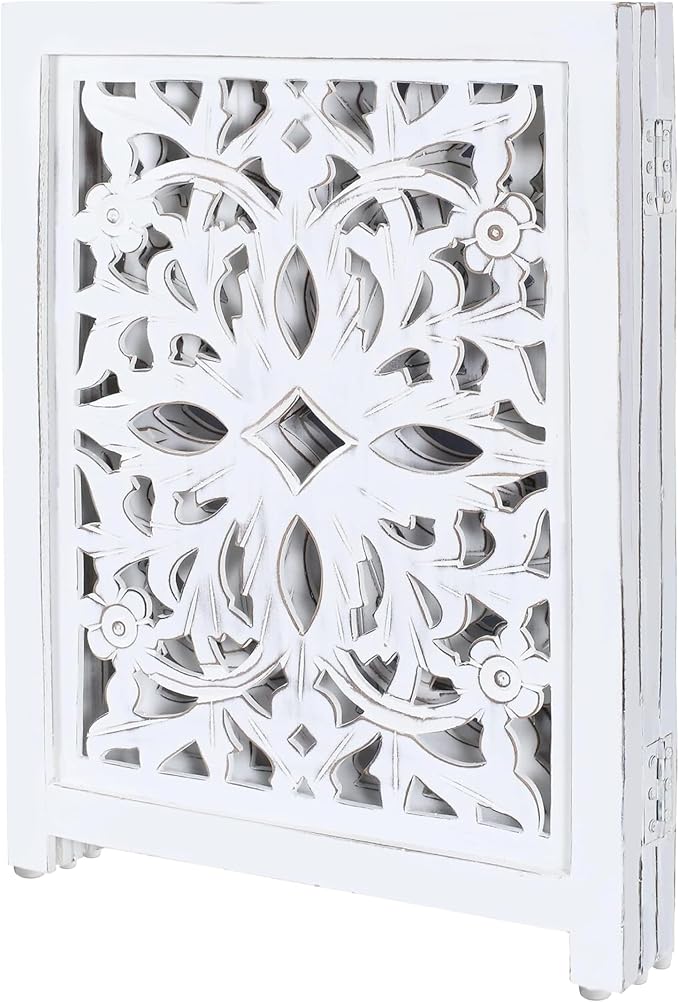 Lightnpro Wooden Pet Gate – Decorative Carved Foldable Dog Fence, Extra-Wide Freestanding Indoor Safety Gate for Small Dogs – 24x18 Inch Antique White