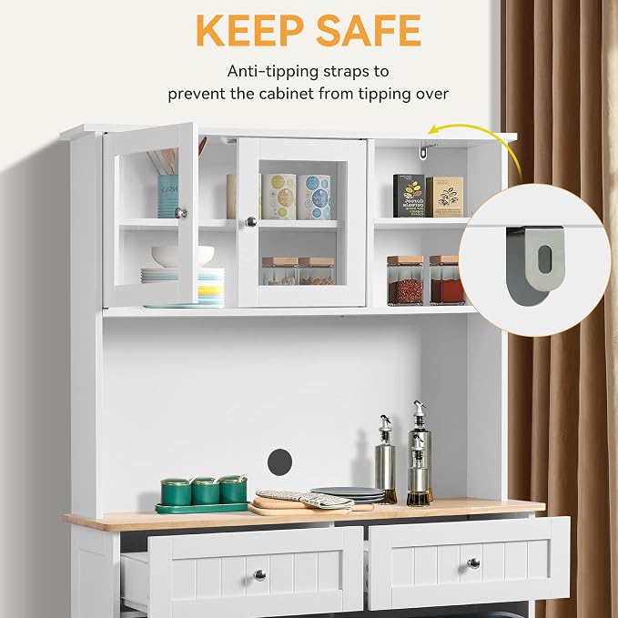LOUVIXA 68.4" Kitchen Pantry Storage Cabinet, Freestanding Cupboard with Shelf, 2 Drawers and 1 Tilt Out Trash Cabinet, Tall Cabinets for Kitchen, Dinning Room, Living Room (White, Double Tilt)