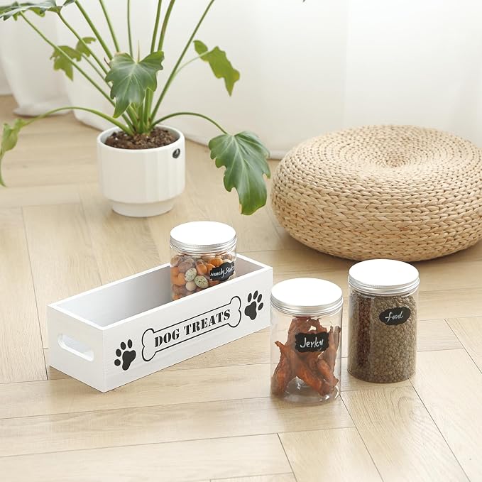Dog Treat Container Pet Organizers and Storage with 3 Jars Doggie Snack Storage Cat Treat Holder for Countertop Dog Food Storage Cabinet Farmhouse Decor Gift with Reusable Sticker & Marker