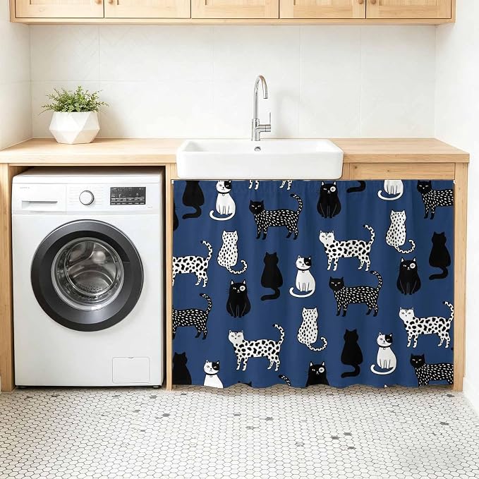 Cat Animal Cabinet Curtain 28"Wx35"L, Dustproof Under Sink Skirt with Self Adhesive Tape, Navy Blue Earthy Tone Vintage Pet Modern Cabinet Curtain Cover for Bathroom Vanity, Kitchen Sink, Laundry Room