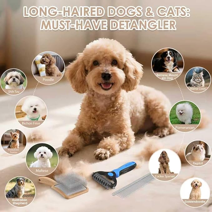 Large Dog Slicker Brush for Goldendoodles, Poodles - 3 in 1 Grooming Kit with Undercoat Rake, Comb - Extra Long Pins for Dematting Great Pyrenees, Thick Coats, Shedding, Detangling, Natural