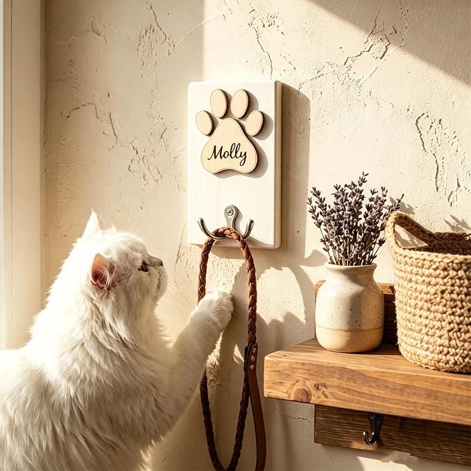 Personalised Wooden Dog Lead Hanger Handmade Wood Hook Gift For Pet Lovers | Wooden Dog Leash Holder Size 14x9cm, Functional Dog Lead Hook with Unique Wooden Paw Hook for Pet Leashes Custom
