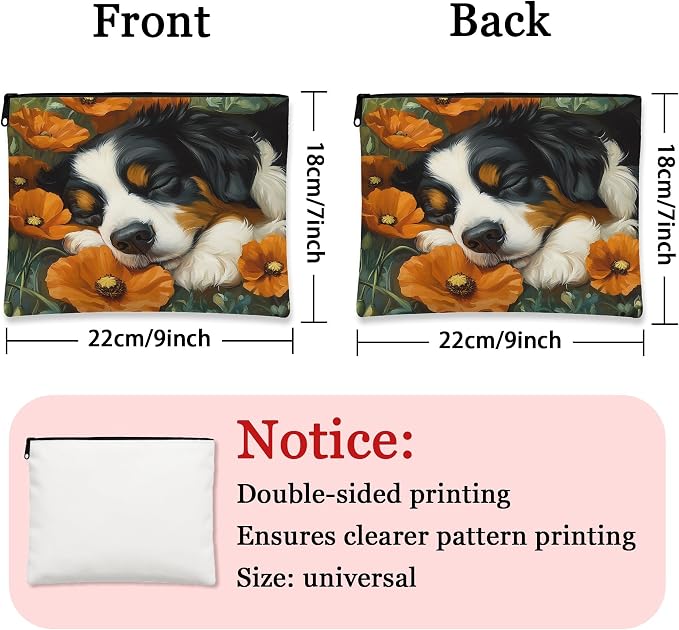 Fall Bernese Mountain Dog Makeup Bag, Funny Autumn Poppy Flowers Printed Cosmetic Travel Pouch for Women Girls, Pet Portable Small Canvas Zipper Organizer 7x9 Inch