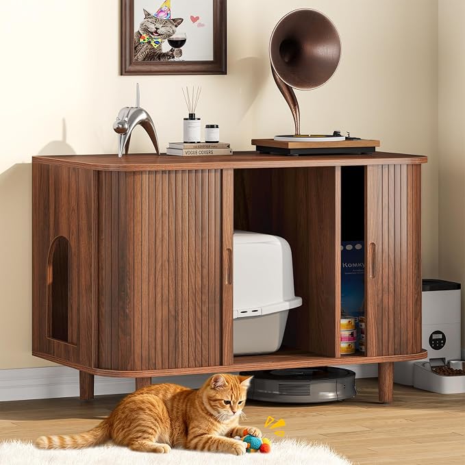 Snughome Cat Litter Box Enclosure, 35.4'' Hidden Litter Box Furniture with Sliding Door, Modern Hidden Litter Box Cabinet, Wooden Indoor Cat House, TV Stand, Side End Table for Living Room, Walnut
