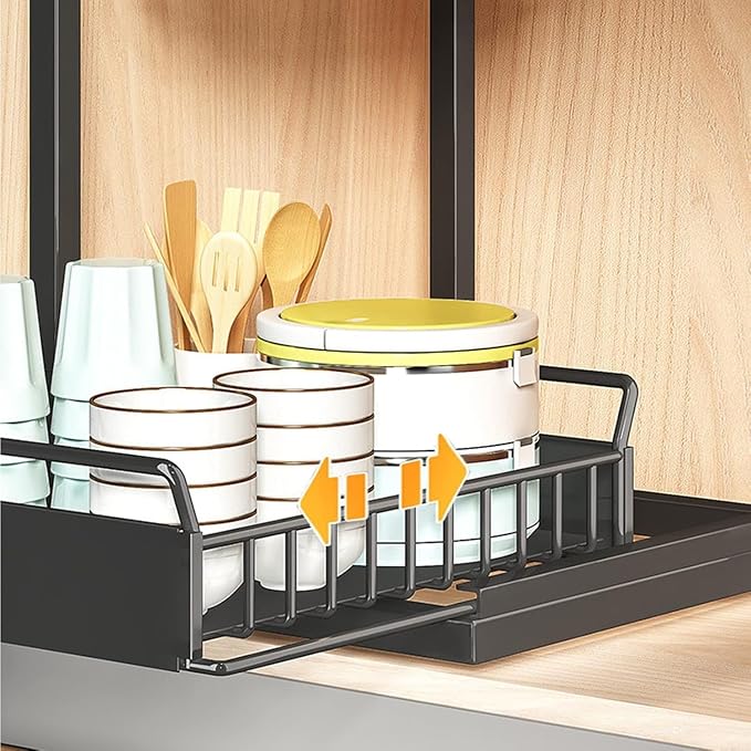 2-Tier Multi-Purpose Under Sink Pull Out Organizer with 4 Hooks, Drawer Style Sink Storage Rack Suitable for Kitchens, Bathrooms and Food Seasoning Bottle Storage Cabinets