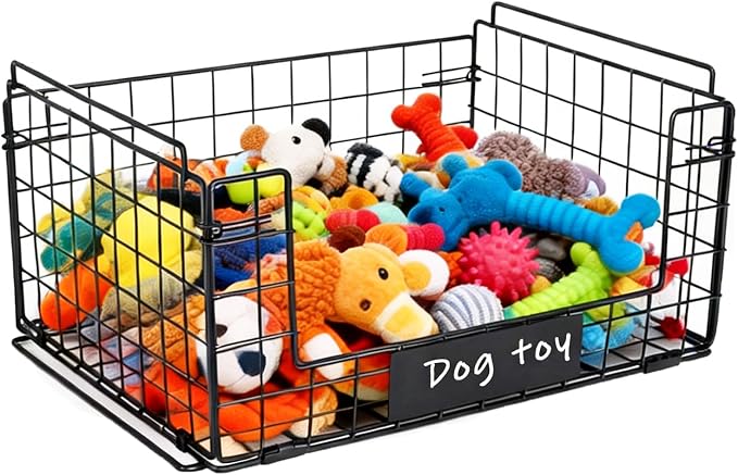 Metal Dog Toy Basket with Handles, Chew-Proof Large Pet Toy Storage Bin, Foldable Dogs Organizer Box for Living Room, Personalized Rustic Toy Holder (Black)