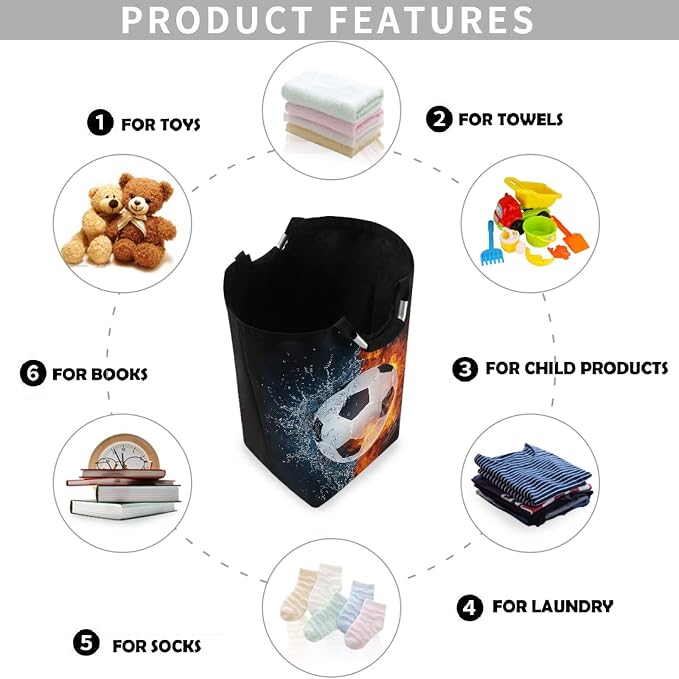 visesunny Large Capacity Laundry Hamper Basket Soccer Ball In Fire And Water Oxford Cloth Storage Baskets for Bedroom, Bathroom, Dorm, Kids Room