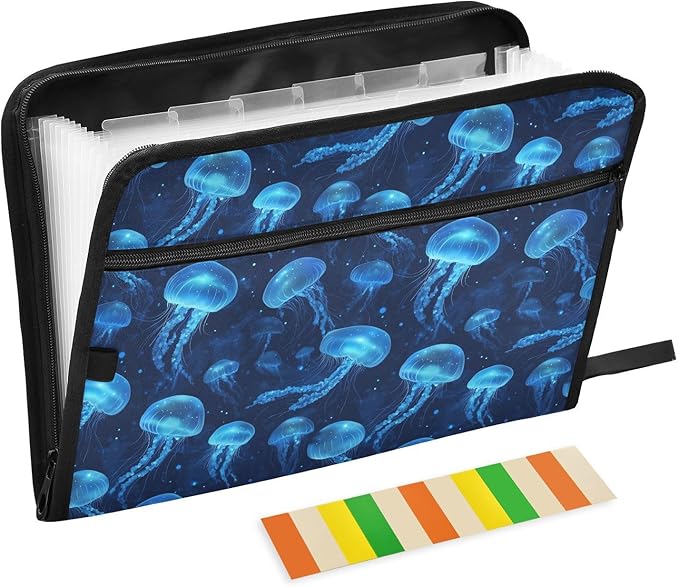 13 Pocket Zipper Expanding File Folder A4 Ocean Jellyfish | Accordion File Organizer with Front Pouch A4 Letter Size Portable Folders for Documents Receipt School Office Supplies