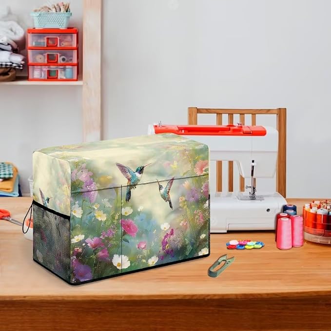 Spring Hummingbird Sewing Machine Cover with Storage Pocket,Enhance Your Sewing Experience with Artistic Flair, Duty, Dust & Pet Hair Protection, Fits Brother, Singer, Janome