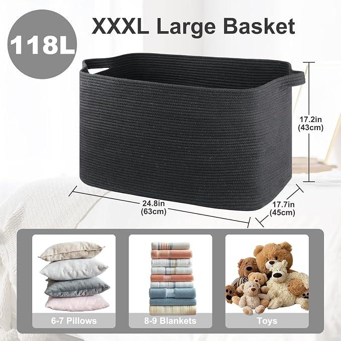 OIASKET 118L Extra Large Blanket Basket, 24.8" x 17.7" x 17.2" Woven Storage Basket for Living Room, Rectangle Nursery Blanket Storage for Toys, Towels, Dirty Clothes (Black)
