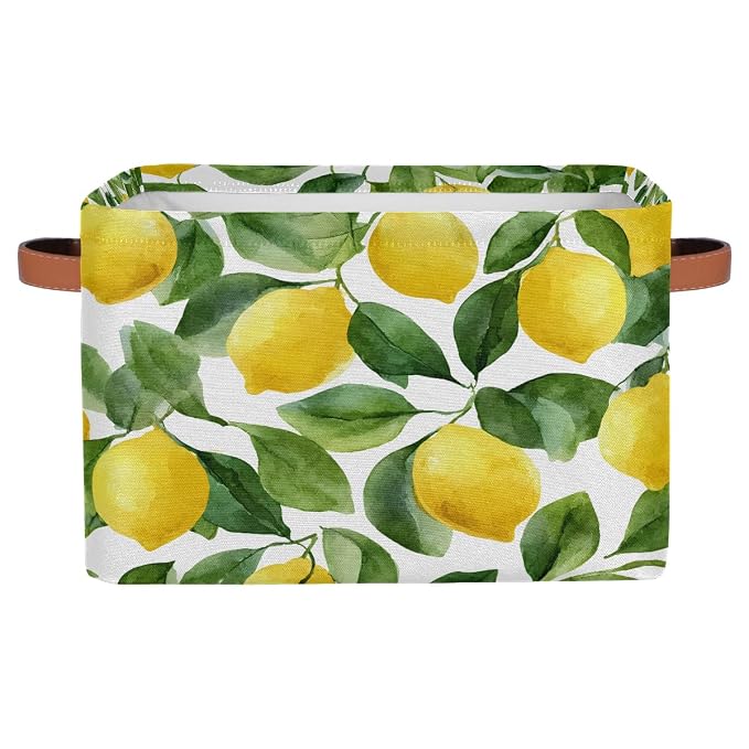 SEULIFE Watercolor Lemon Tree Leaves Foldable Storage Basket, Large Collapsible Organizer Storage Bin Cube Toys Storage Boxes with Handles for Bathroom Kids Nursery Closet Storage, 1 Pack