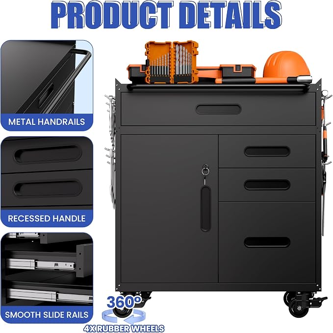 Metal Mobile Tool Storage Cabinet with 4 Drawer and 1 Locking Door | Black Heavy Duty Rolling Tool Cabinets for Garage,Metal Storage Cabinets with Wheels and Pegboard,Assembly Required