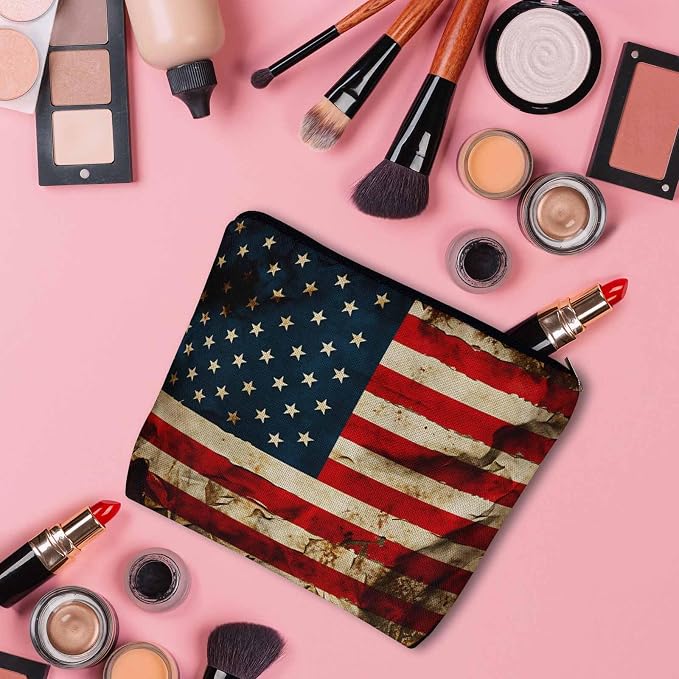 Women Makeup Organizer Bag American Flag Grunge USA Flag United Stats Of America Flax Cosmetic Bag Makeup Bags Toiletry Bag Accessories Organizer Travel Bags For Home Bathroom Office