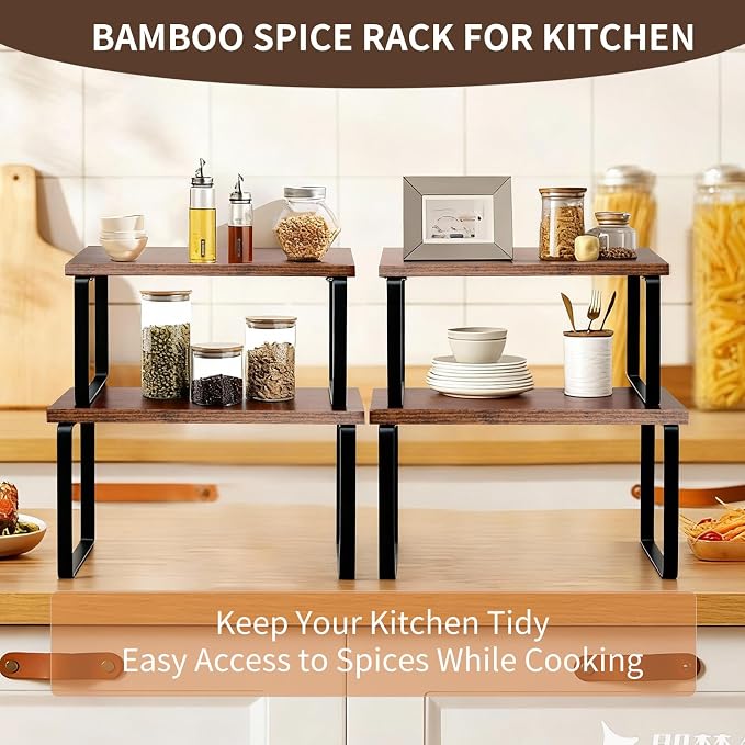 2 Pack Expandable Cabinet Shelf, Wood & Metal (Brown) | 2pack expandable cabinet shelf organizer 11.8-23.2 wood&metal 35lbs brown kitchen pantry spice rack stackable