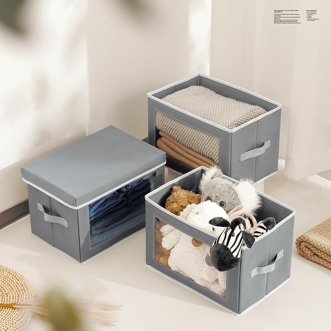 Clothes Organizers and Storage - 6 Pack Large Storage Box with Lids, Foldable Closet Organizer with Lids, Decorative Basket Bins for Home, Dorm, Closet, Grey