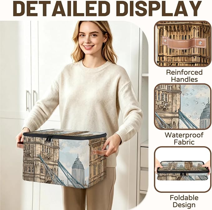 UK Big Ben Foldable Storage Bin with Lid Zipper | Closet Shelf Organizer, Boxes, Basket Containers for Home, Lidded Storage Cube for Bedroom, Waterproof, with Handles