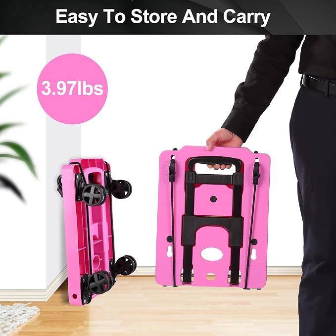 GtIiFmTe Foldable Hand Truck, Lightweight Luggage Cart for Airport Car Seat | Compact Folding dolly with Rotating swivel wheel,storage size12×15.7×4.1",300lbs Load,Upright Lock Handle with 3bungee cords