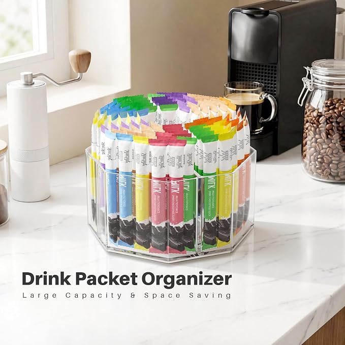 Divided Drink Packet Organizer, Octagonal 5 Compartment Clear Lazy Susan | Lazy Susan Turntable, Rotating Storage Organizer for Powdered Drink Mix, Water Flavor Packets, Coffee, Tea, Spices