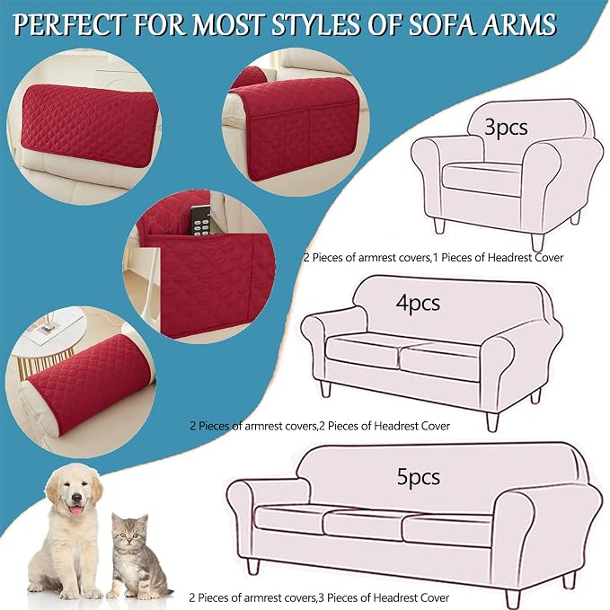 Water-Resistant Sofa Armrest and Headrest Covers, 2 Pockets | Quilted polyester helps shield recliners, loveseats and sofas from daily wear; silicone backing and fasteners improve grip