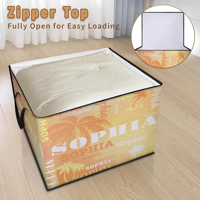 Custom Storage Baskets Cubes for Home with Name, Large Foldable Organizer Collapsible Storage Bins for Blanket Comforters Clothes Closet Nursery, Orange Yellow Tropical Palm Trees Painted Background