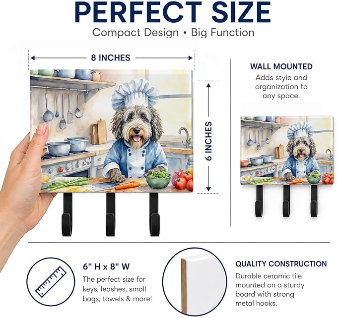 Caroline's Treasures Bergamasco Sheepdog The Chef Leash or Key Holder Wall Hooks, Key Hooks Holder, Coat Rack Wall Mount, Coat Hooks, Hooks for Hanging Keys, Towels, Aprons, Leashes | Bergamasco Sheepdog The Chef artwork on ceramic tile with three stee...