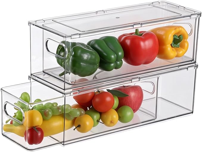 2 Pack Fridge Drawer Pull Out Stackable Bins, 13.4 x 5 x 4.3 in | 3.2 qt Clear Refrigerator Stackable Organizers and Storage Bins, Food-Safe PET Plastic Food Containers for Kitchen Pantry