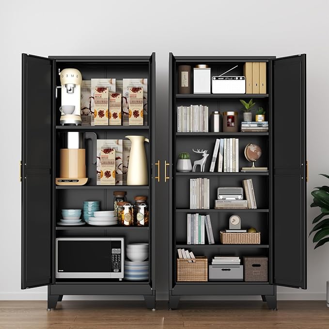 Ckzbx Metal Cabinets with Doors and Shelves, 75" H Black Storage Cabinet Pantry Cabinet Garage Cabinets for Kitchen,Living Room, Dinning Room