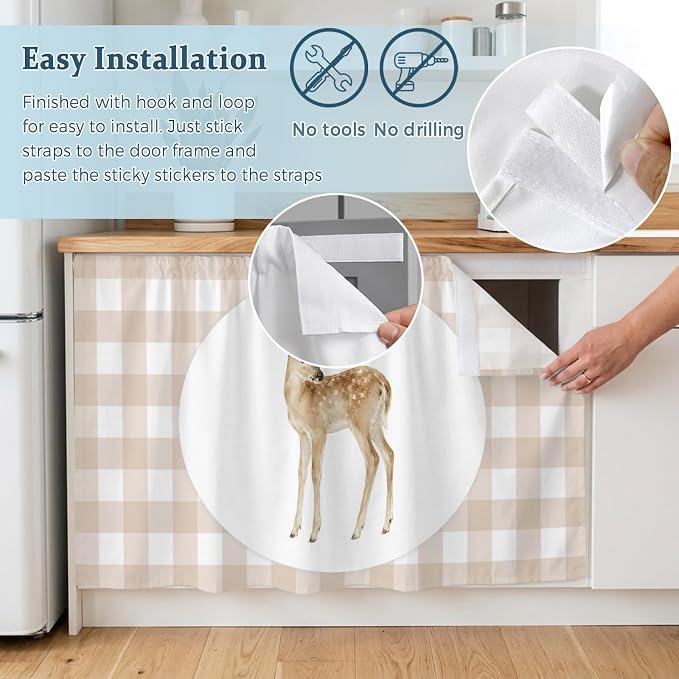 Resting Fawn Cabinet Curtains 28"x51" Sink Skirt for Bathroom Kitchen, Natural Animals Farmhouse Modern Plaid Self Stick Adhesive Under Desk Covers Tall Laundry Cabinet Storage Organizer
