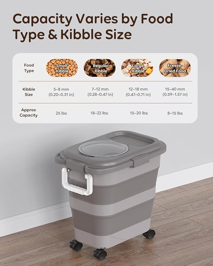 Collapsible Dog Food Container for 10-25 lbs, Airtight Storage Bin | Magnetic Clear Lid with Scoop & Wheels, Space-Saving Design for Dog & Cat Kibble, Rice, Flour, Khaki