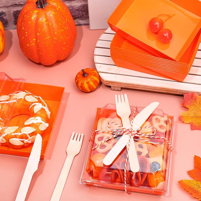 Whaline 50 Set 4.7 x 4.3 Inch Orange Small Charcuterie Boxes with Clear Lids Forks Knives Clear Mini Dessert Box Disposable Food Container for Wedding Birthday Sandwich Cookie Sushi Cake