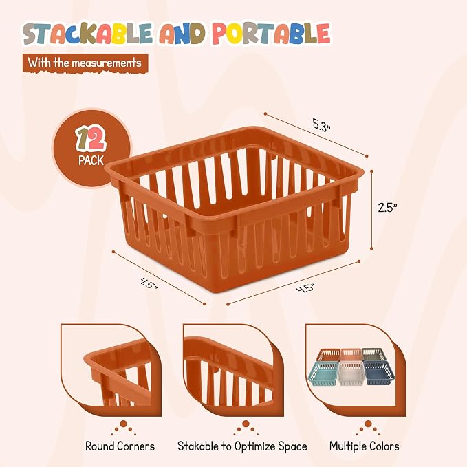 4E's Novelty 12 Boho Small Classroom Storage Baskets, Square 4.5" Plastic Colorful Crayon Container Trays, Organizer Bins for Shelf Desk Classroom Organization for Teachers, Office Home