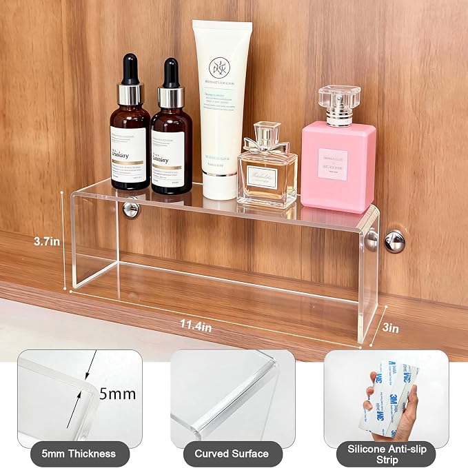 2 Pack Acrylic Medicine Cabinet Organizer Clear Shelves 2 Small | Includes 2 Small 11.4 x 3 x 3.7 Inch Bathroom Shelves with 2 Non Slip Pads for Vanity RV and Cabinet Storage