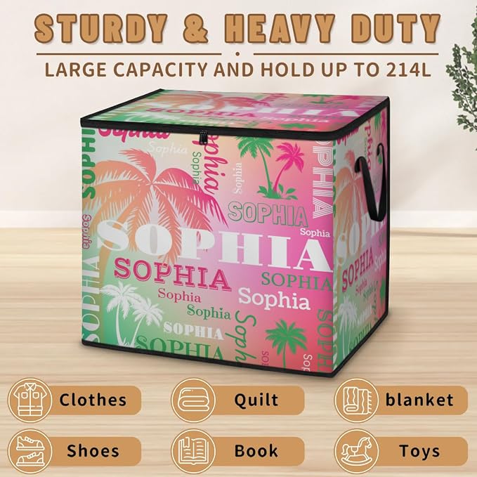 Custom Name Large Storage Bin with Lid, Personalized Storage Basket with Zippers Comforters, Blankets, Bedding Closet Shelf Baskets, Green Pink Tropical Palm Trees Gradient Pink Green Background